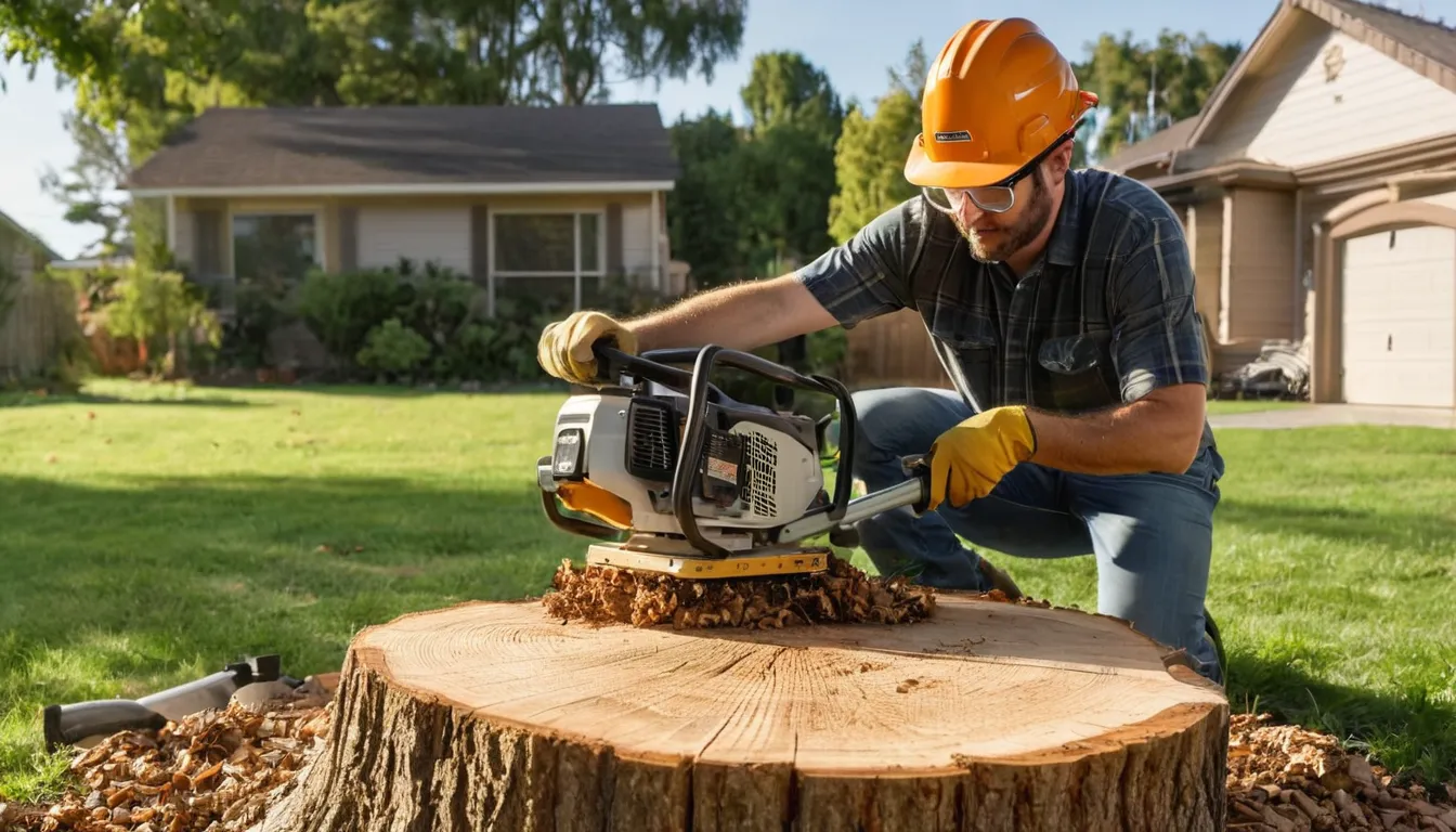 A stump grinder cutting down a tree stump in a residential yard in Charlotte